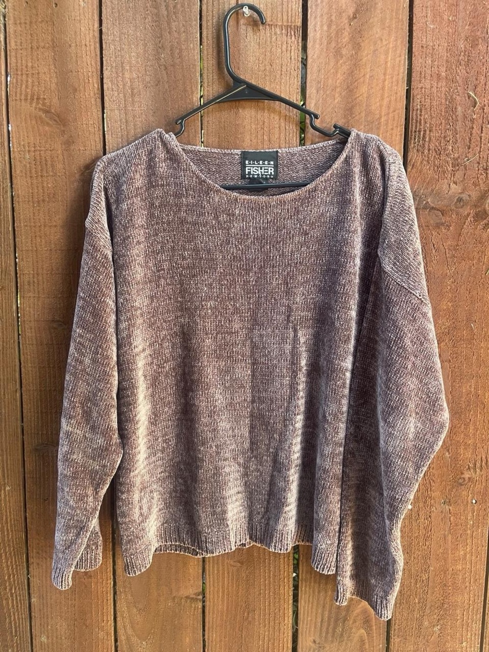 VTG Eileen Fisher ‘80s Purple Mauve Knit Velvet Chenille Boxy Soft Sweater Sz 1